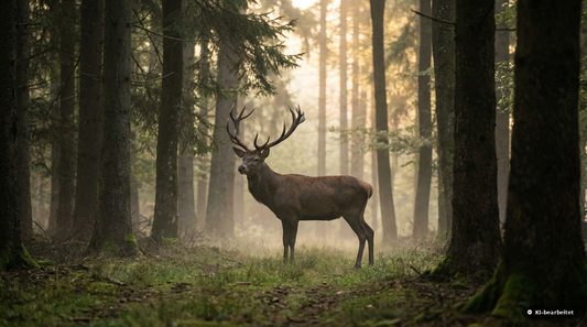 Hirsch im Morgennebel in einem Revier der Bayerischen Staatsforsten