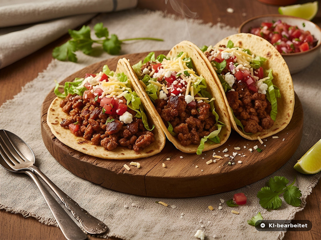 Drei Hirsch-Tacos mit Hackfleisch, Salat, Tomaten und Käse auf einem Holzbrett mit Limetten und Salsa