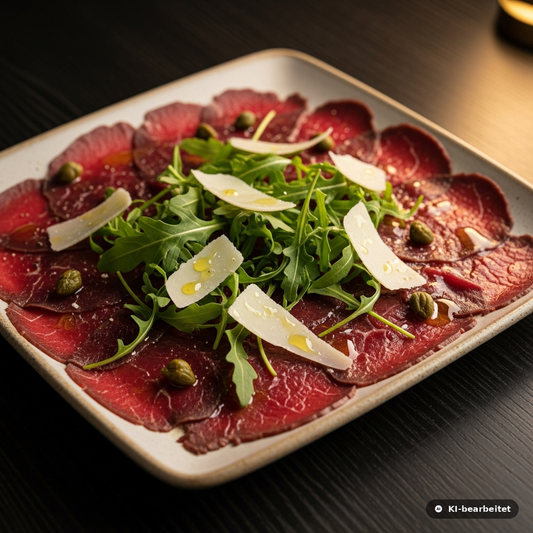 Hauchdünn geschnittenes Hirsch Carpaccio mit frischem Rucola, Parmesan-Hobeln und Olivenöl auf rustikalem Teller
