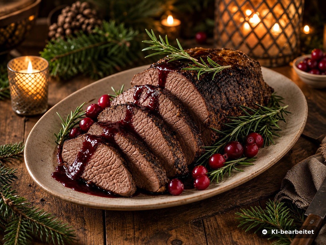 Aufgeschnittener, durchgeschmorter Hirschbraten mit Rotweinsauce, Preiselbeeren und Rosmarin auf einer festlichen Platte bei Kerzenlicht