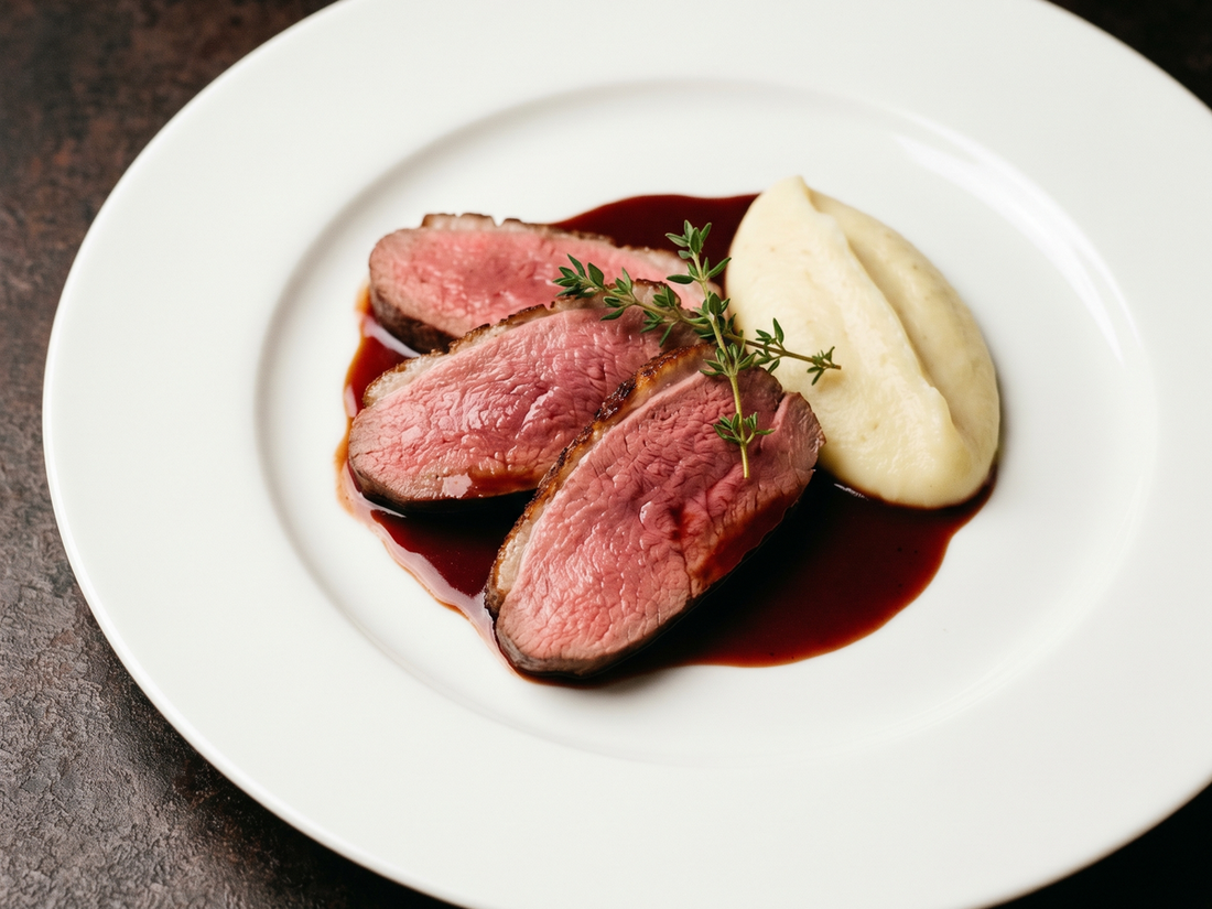 Hirschfilet rosa gebraten mit Rotwein-Jus und Selleriepueree
