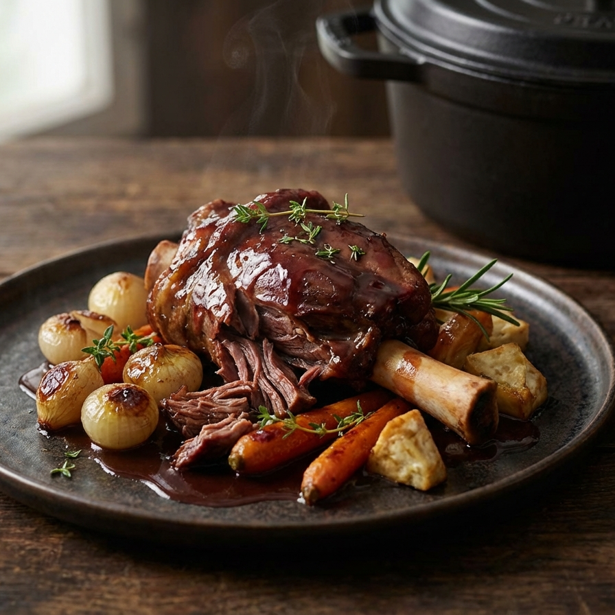 Butterzart geschmorte Hirschhaxe mit glänzender Dunkelbier-Sauce, serviert mit Kartoffelknödeln und Blaukraut auf rustikalem Holztisch