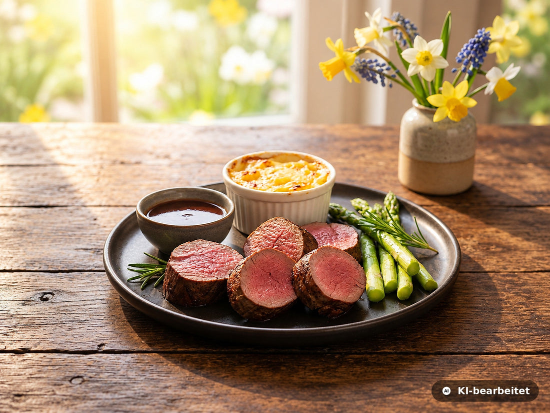 Rosa gebratene Hirschrücken-Medaillons mit Portweinsauce, grünem Spargel und Kartoffelgratin, im Hintergrund Frühlingsblumen