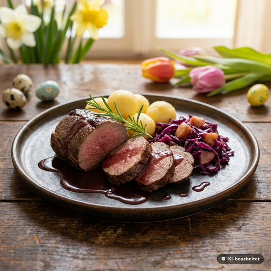 Geschmorter Hirschbraten aufgeschnitten mit Rotwein-Sauce und Kartoffelklößen