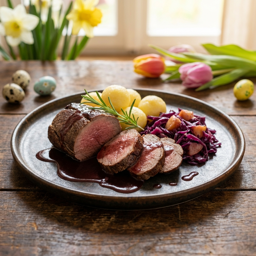 Geschmorter Hirschbraten aufgeschnitten mit Rotwein-Sauce und Kartoffelklößen