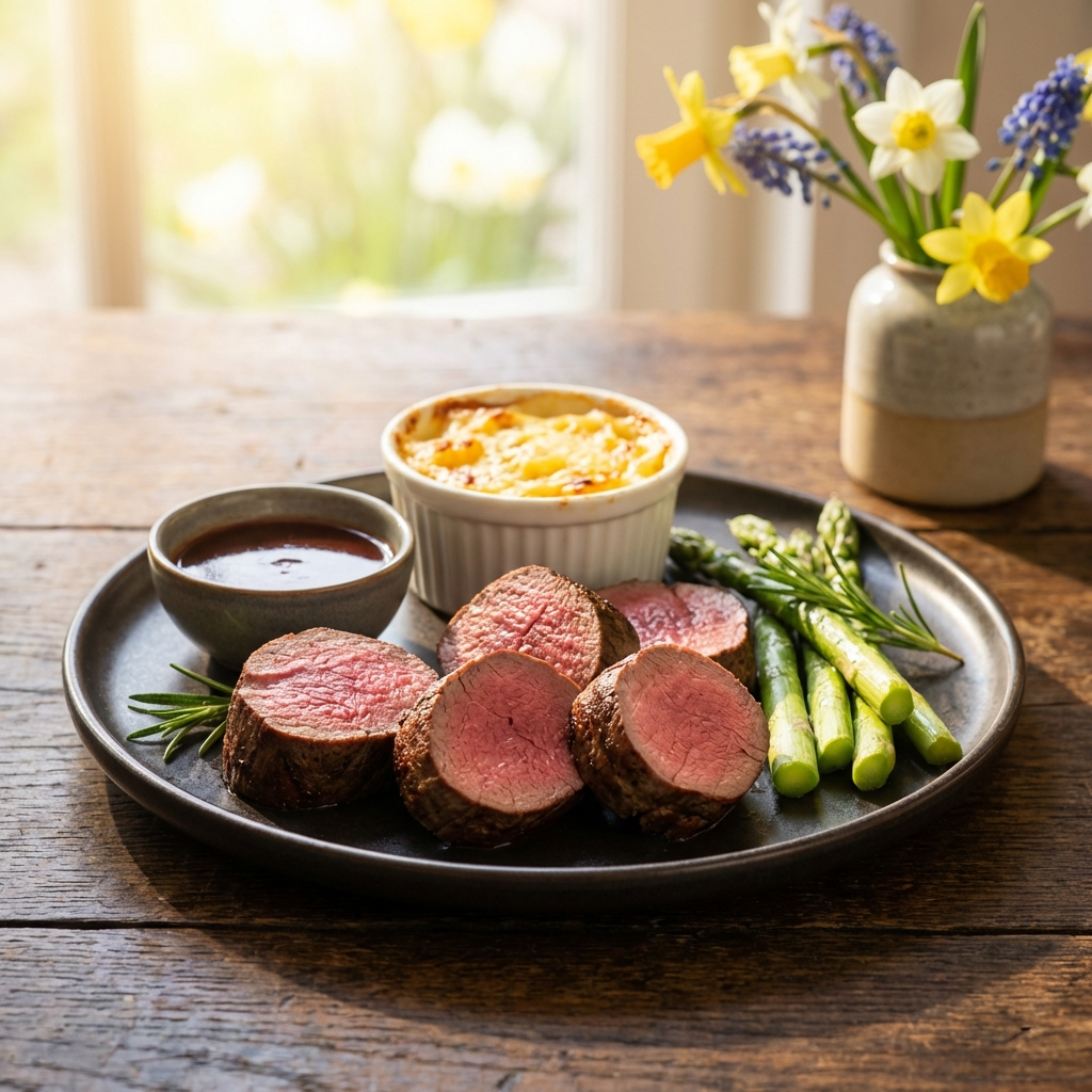 Hirschrücken rosa gebraten als Medaillons mit Portwein-Sauce