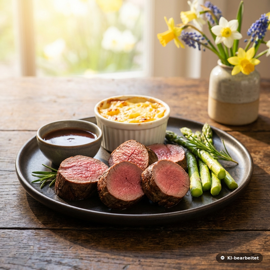 Hirschrücken rosa gebraten als Medaillons mit Portwein-Sauce