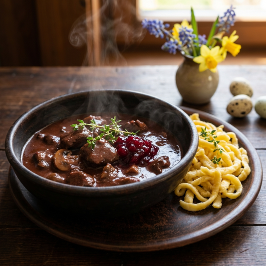 Wild-Ragout mit Rotwein in rustikaler Schale mit Spätzle