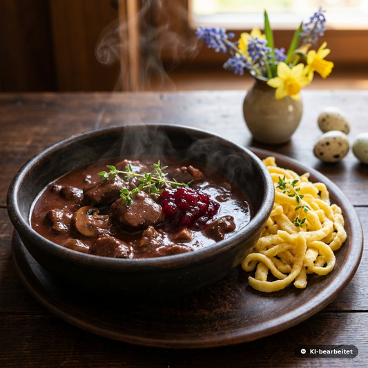 Wild-Ragout mit Rotwein in rustikaler Schale mit Spätzle