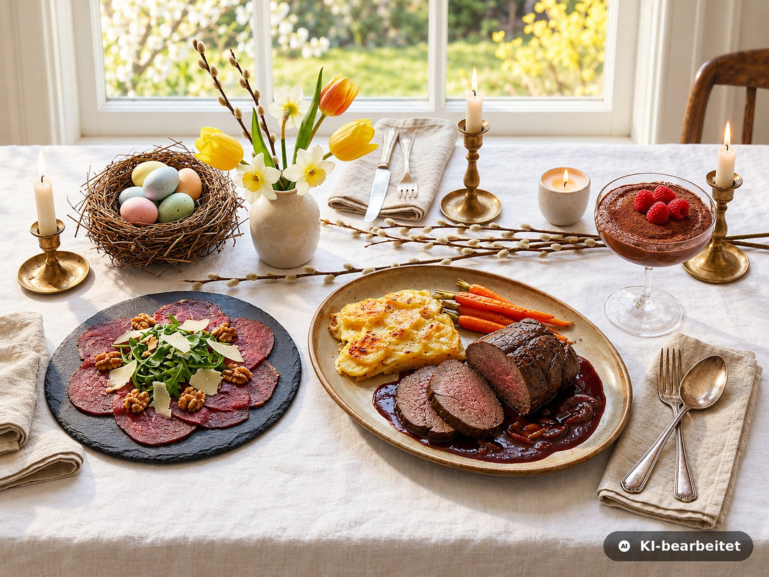 Ostermenü mit Wild: Hirsch-Carpaccio, geschmorter Hirschbraten mit Kartoffelgratin und Schokoladen-Mousse auf einem österlich gedeckten Tisch