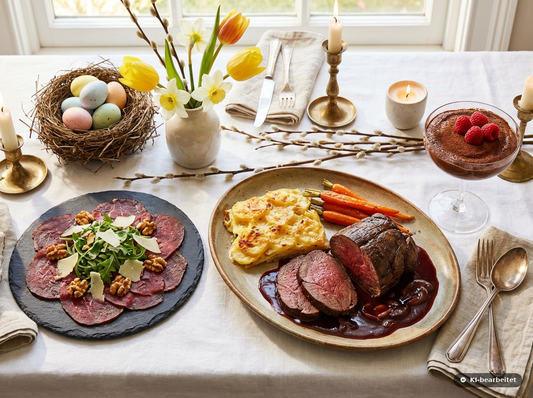 Ostermenü 3 Gänge: Festliches Menü mit Wild — Carpaccio, Hirschbraten & Schokoladen-Mousse