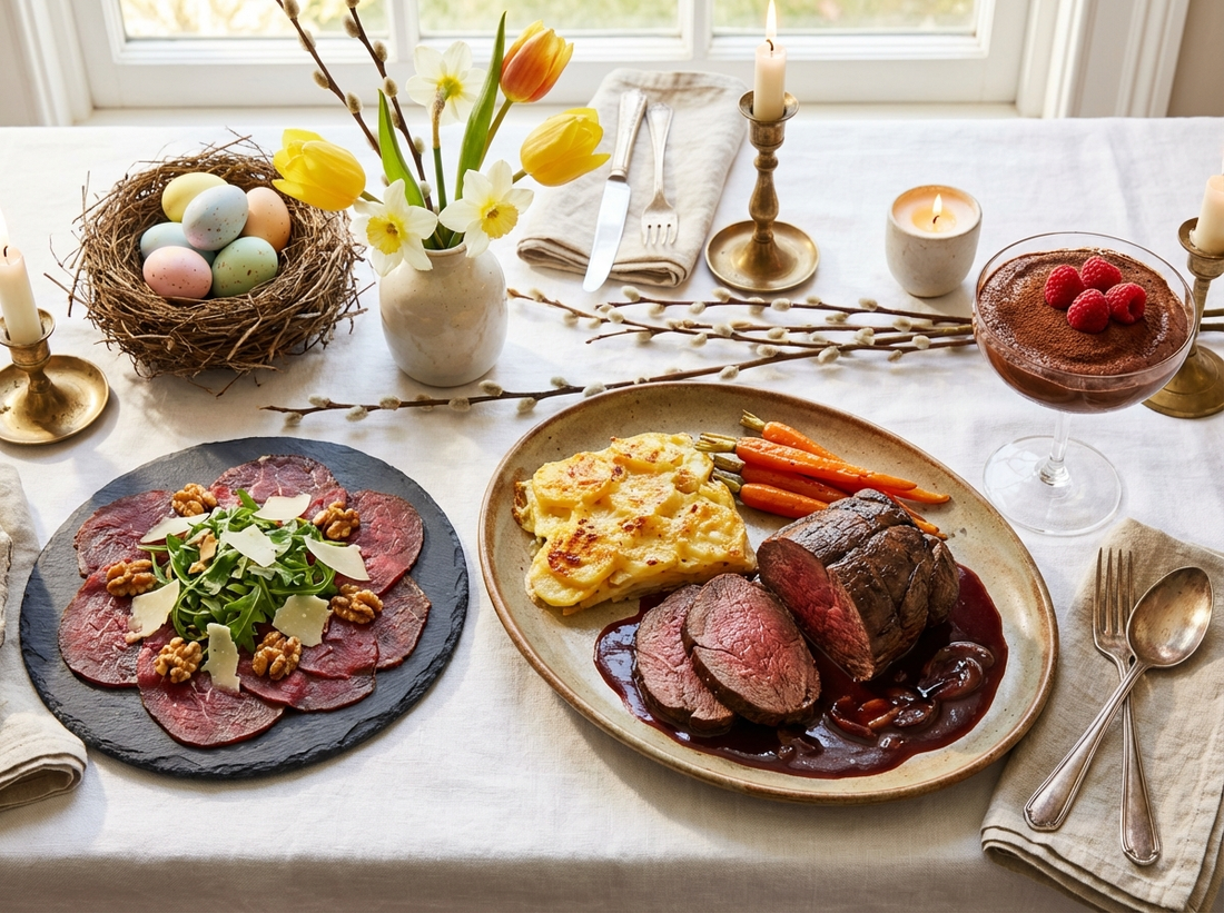 Ostermenü 3 Gänge: Festliches Menü mit Wild — Carpaccio, Hirschbraten & Schokoladen-Mousse