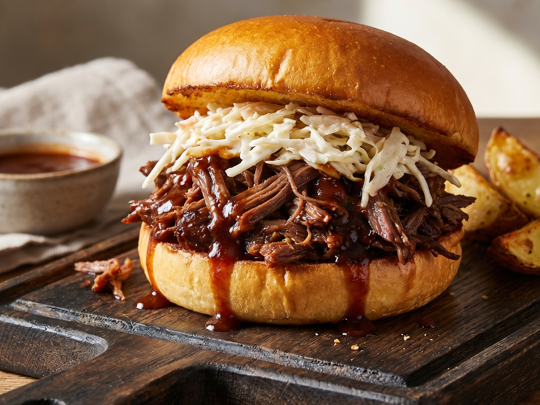 Pulled Hirsch Burger auf Brioche-Bun mit Coleslaw und BBQ-Sauce