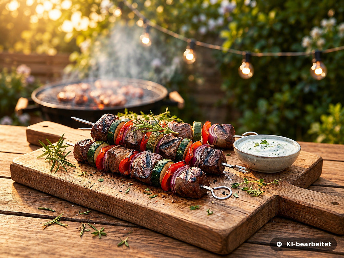 Gegrillte Rehspieße mit Paprika, Zucchini und roten Zwiebeln auf einem Holzbrett, dazu ein Kräuterdip