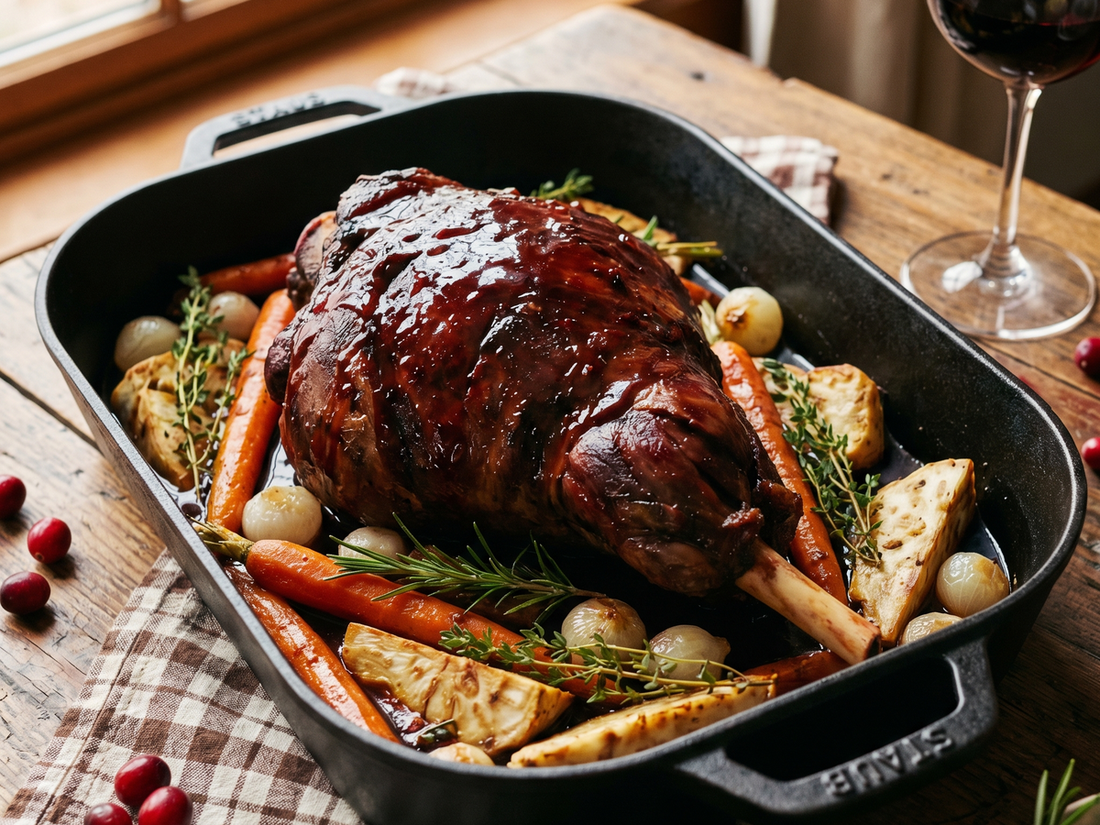 Rehkeule geschmort in Rotwein mit Wurzelgemuese