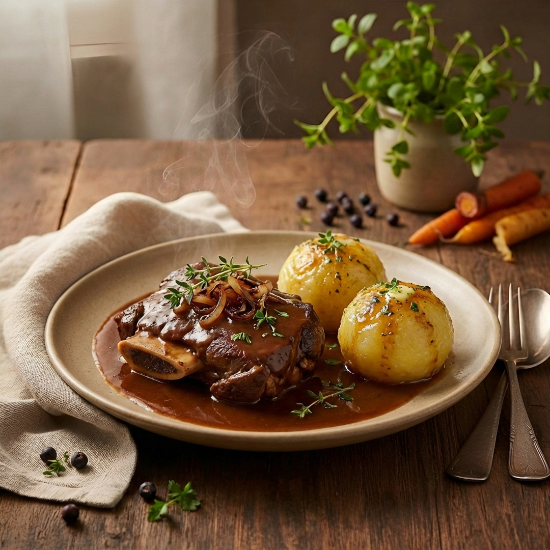 Butterzart geschmortes Hirsch Schäuferla von der Schulter, serviert mit Kartoffelklößen und Sauce