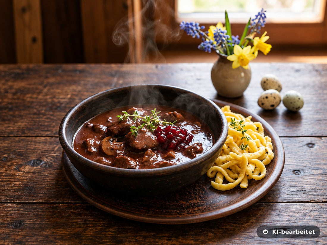 Wild-Ragout mit Rotwein und Pilzen in rustikaler Schale mit Spätzle, im Hintergrund Frühlingsblumen