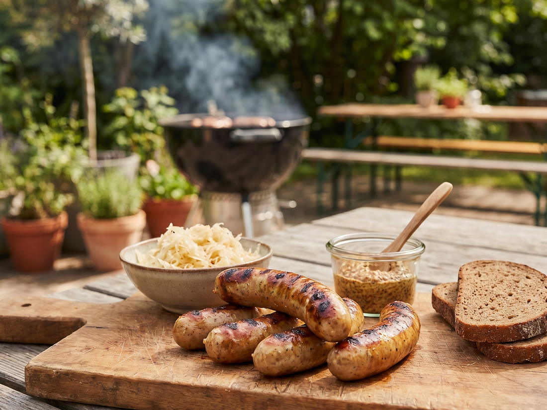 Wildbratwurst perfekt gegrillt mit Senf und Sauerkraut