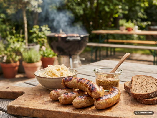 Wildbratwurst perfekt gegrillt mit Senf und Sauerkraut