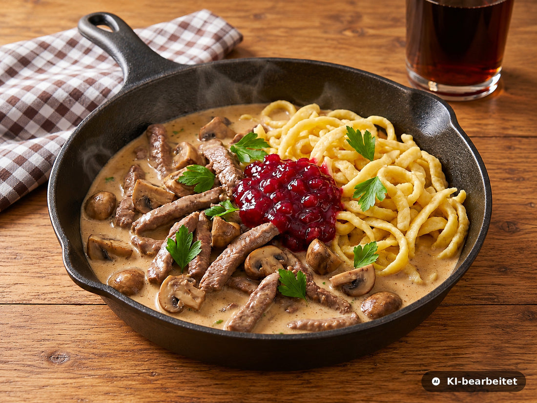 Wildpfanne mit Geschnetzeltem in Pilzrahmsauce, Spätzle und Preiselbeeren in der Gusspfanne