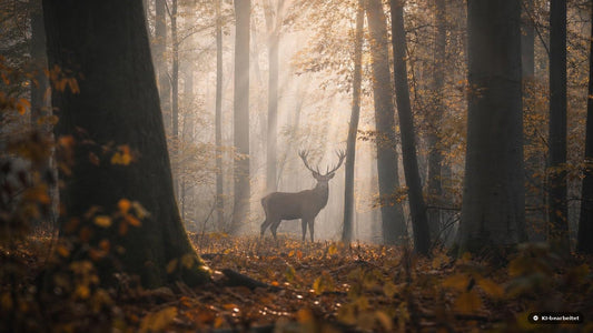 Rothirsch im herbstlichen Mischwald bei Morgennebel – Symbolbild für die Wildsaison und die Jagdzeiten in Deutschland
