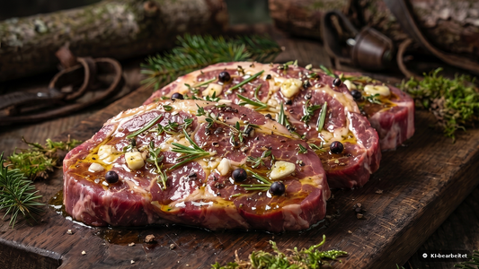 Rohes mariniertes Wildschwein-Nackensteak vor der vollständigen Zubereitung auf dem Grill