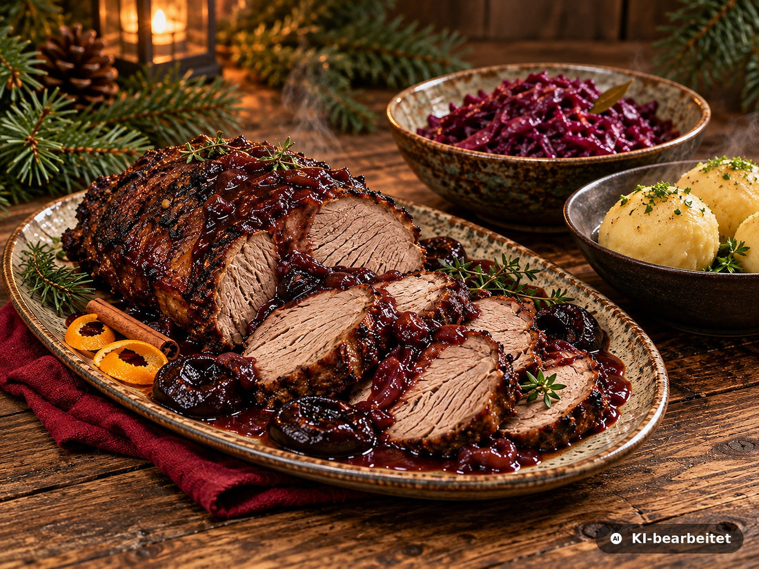 Aufgeschnittener, vollständig durchgegarter Wildschweinbraten mit dunkler Pflaumen-Rotwein-Sauce, dazu Rotkohl und Klöße