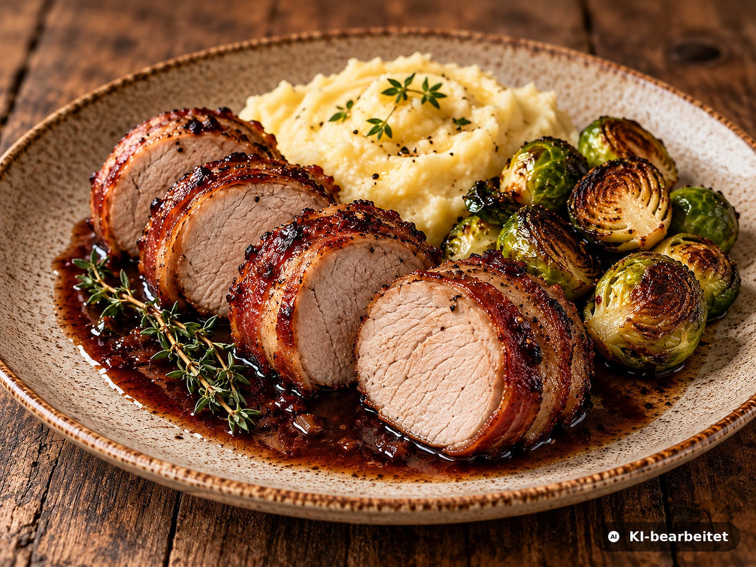 In Scheiben geschnittenes, vollständig durchgegartes Wildschweinfilet im knusprigen Speckmantel mit Rotwein-Jus, Kartoffelpüree und Rosenkohl