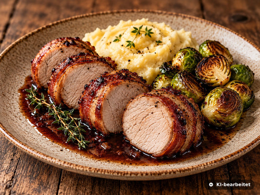 In Scheiben geschnittenes, vollständig durchgegartes Wildschweinfilet im knusprigen Speckmantel mit Rotwein-Jus, Kartoffelpüree und Rosenkohl