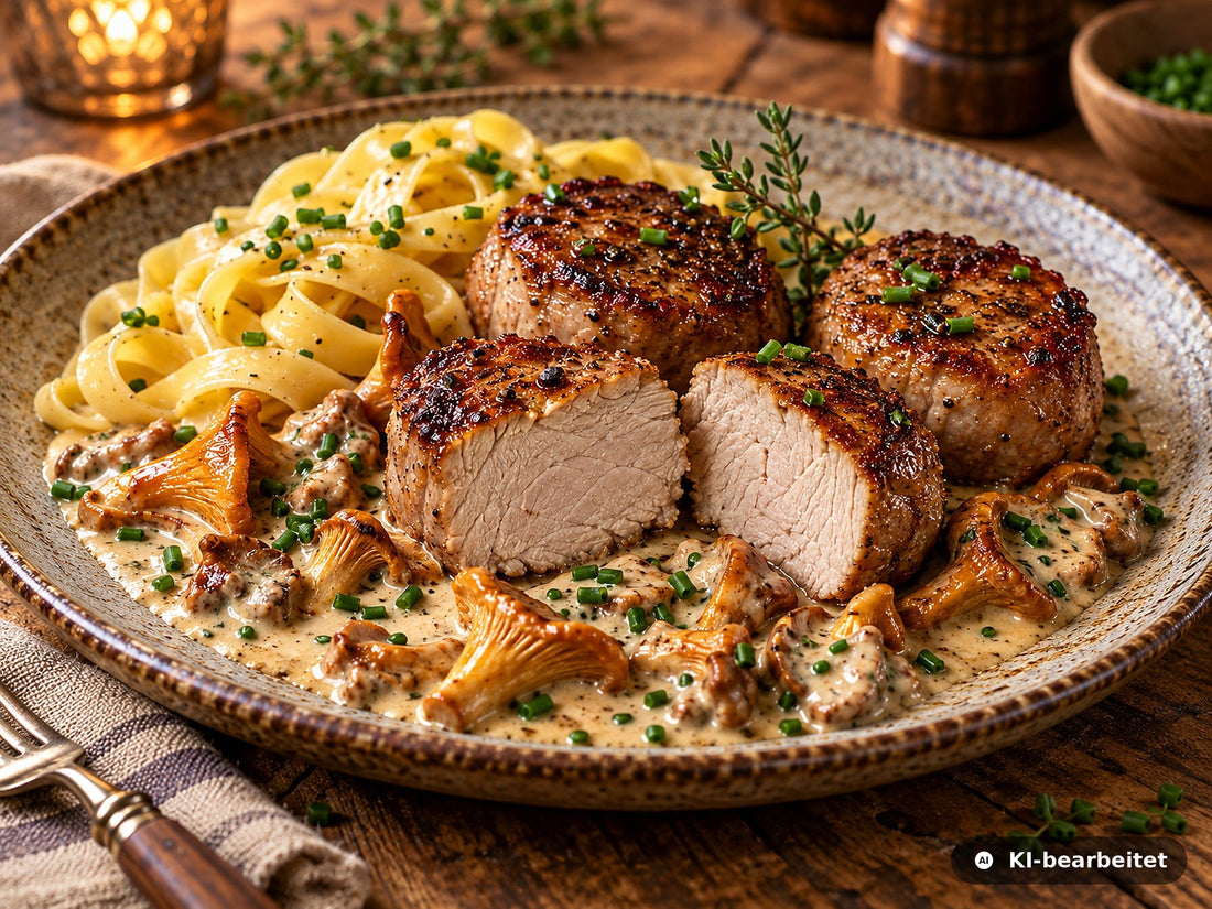Vollständig durchgegarte Wildschweinfilet-Medaillons mit Pfifferling-Rahmsauce, Schnittlauch und Bandnudeln