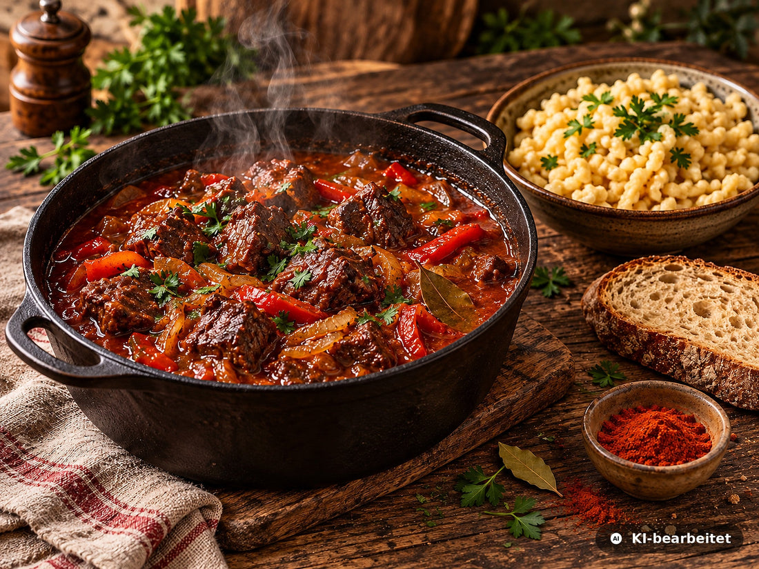 Dampfendes Wildschweingulasch mit Paprika in dunkler Rotweinsauce im gusseisernen Topf, dazu Spätzle und Brot