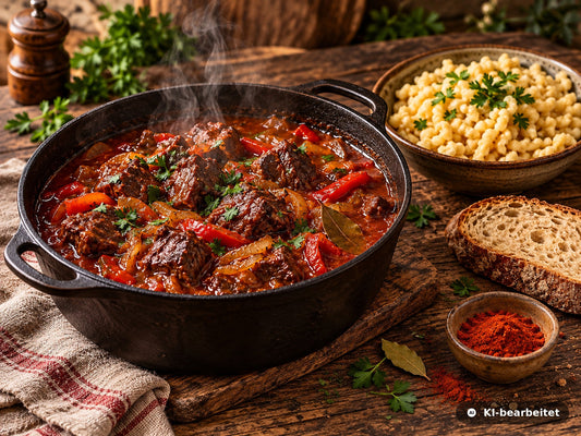 Dampfendes Wildschweingulasch mit Paprika in dunkler Rotweinsauce im gusseisernen Topf, dazu Spätzle und Brot