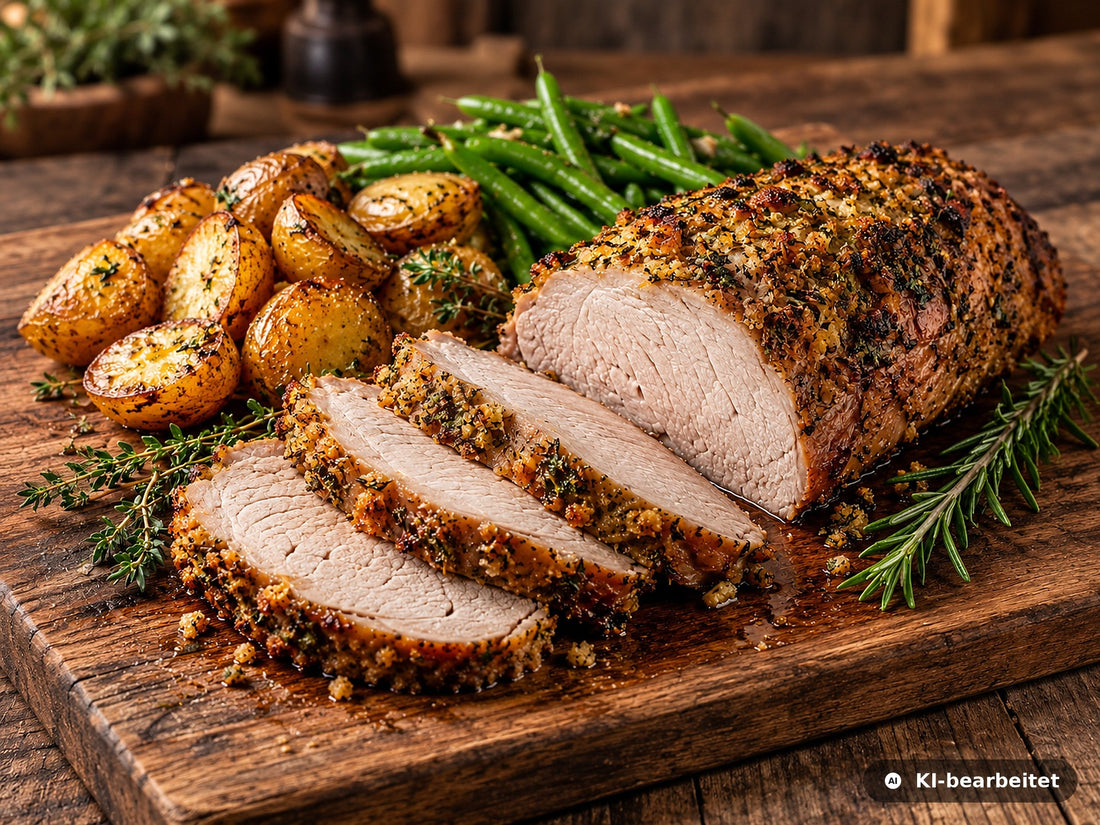 Aufgeschnittener, vollständig durchgegarter Wildschweinrücken mit grüner Kräuterkruste, Ofenkartoffeln und grünen Bohnen