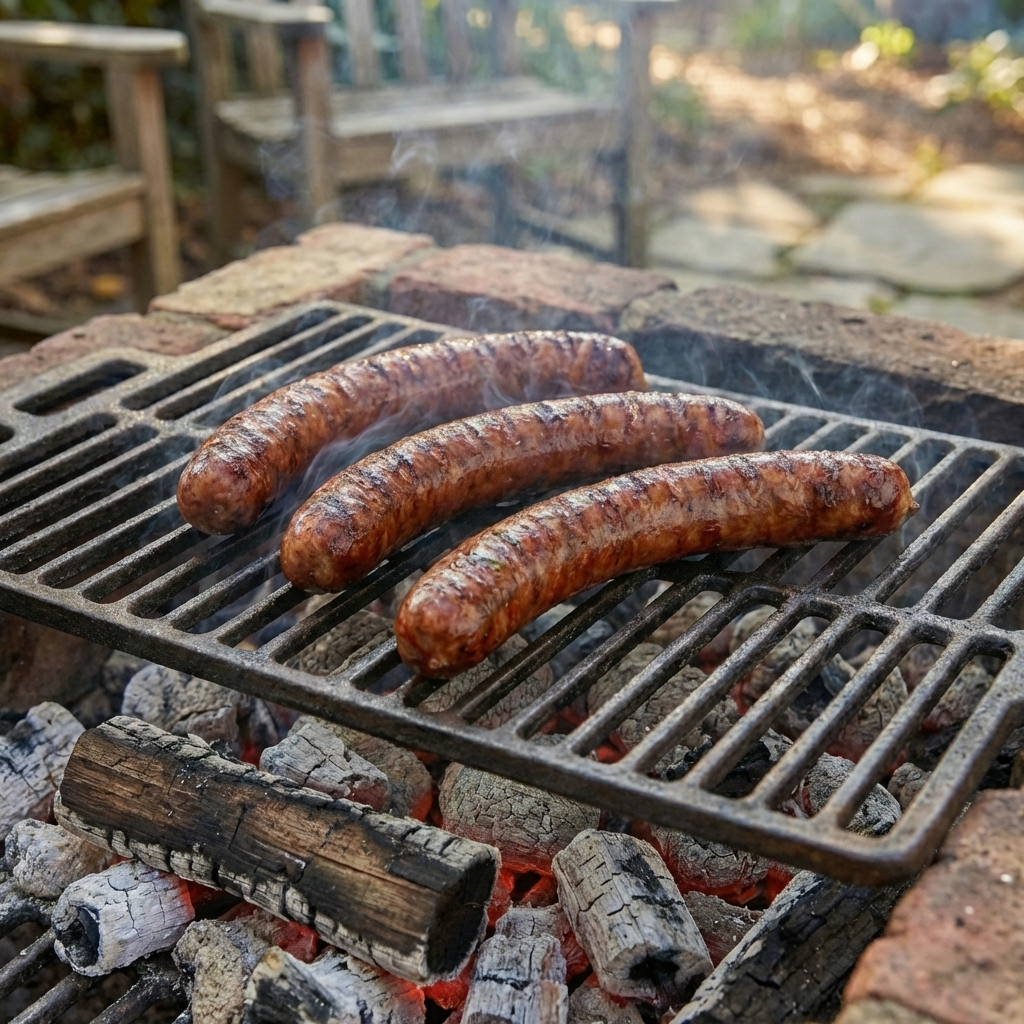 Bärlauch-Wildbratwurst auf dem Grill – saisonale Wild-Wurst mit frischem Bärlauch aus eigener Metzger-Rezeptur von Weidewild.