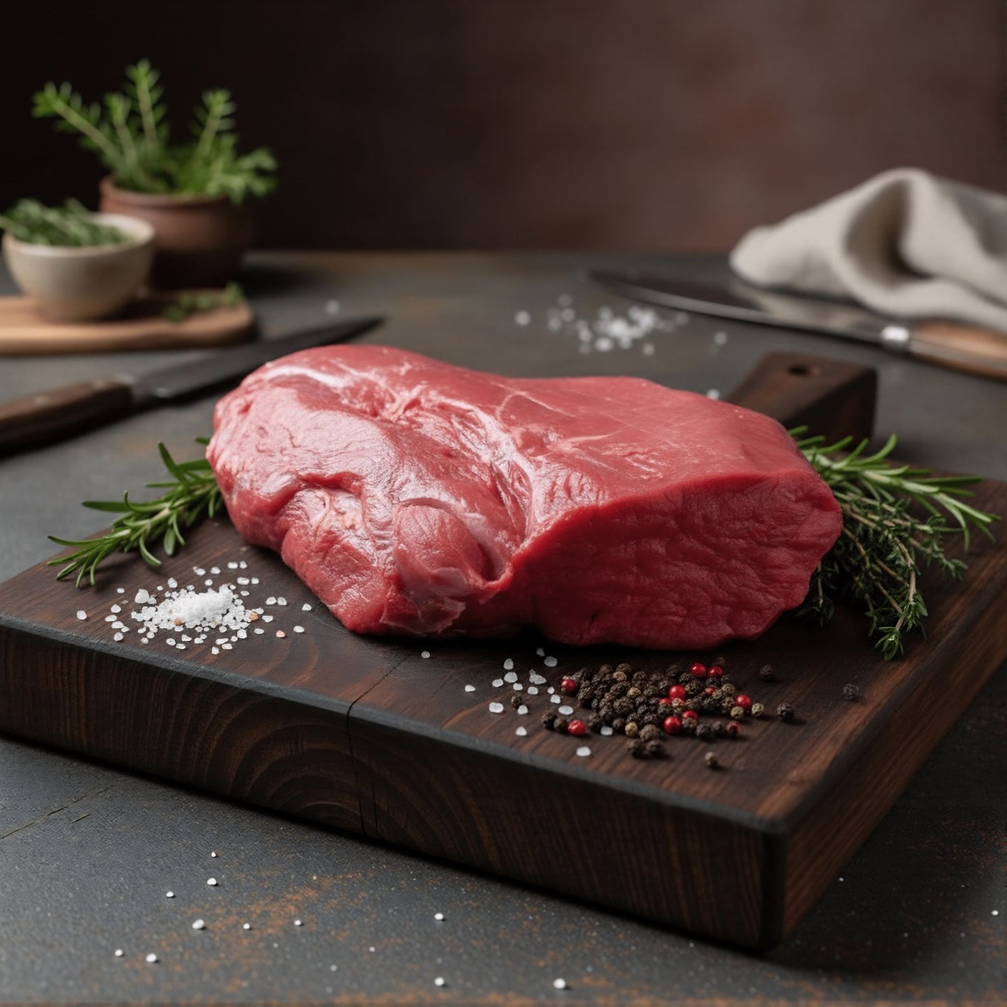 Rohes Stück Hirschbraten auf Holzbrett mit Rosmarin, Pfeffer und grobem Meersalz, im Hintergrund Küchenutensilien und Mörser – hochwertiges Wildfleisch von Weidewild.