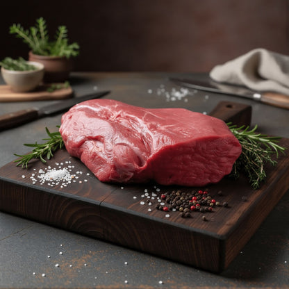 Rohes Stück Hirschbraten auf Holzbrett mit Rosmarin, Pfeffer und grobem Meersalz, im Hintergrund Küchenutensilien und Mörser – hochwertiges Wildfleisch von Weidewild.