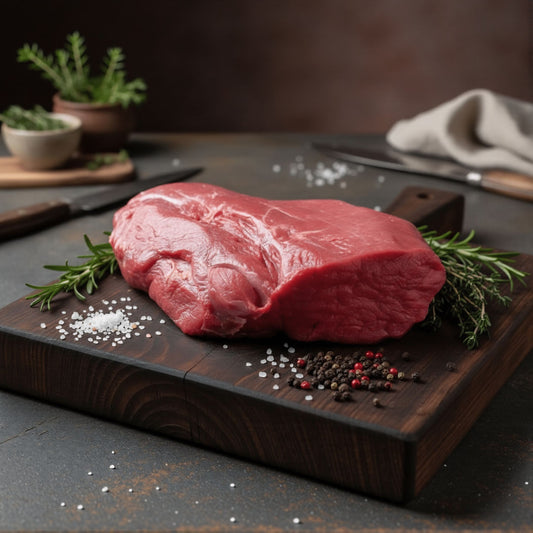 Rohes Stück Hirschbraten auf Holzbrett mit Rosmarin, Pfeffer und grobem Meersalz, im Hintergrund Küchenutensilien und Mörser – hochwertiges Wildfleisch von Weidewild.