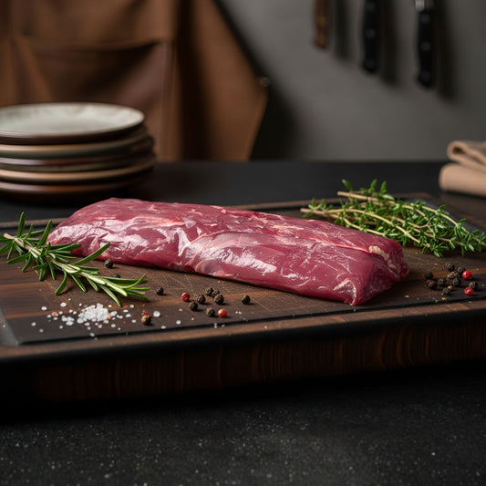 Rohes Stück Hirschrücken mit 800 g Gewicht auf Holzbrett, dekoriert mit Rosmarin, Thymian, Pfefferkörnern und grobem Meersalz, im Hintergrund Messerwand und Lederschürze – hochwertiges Wildfleisch von Weidewild.