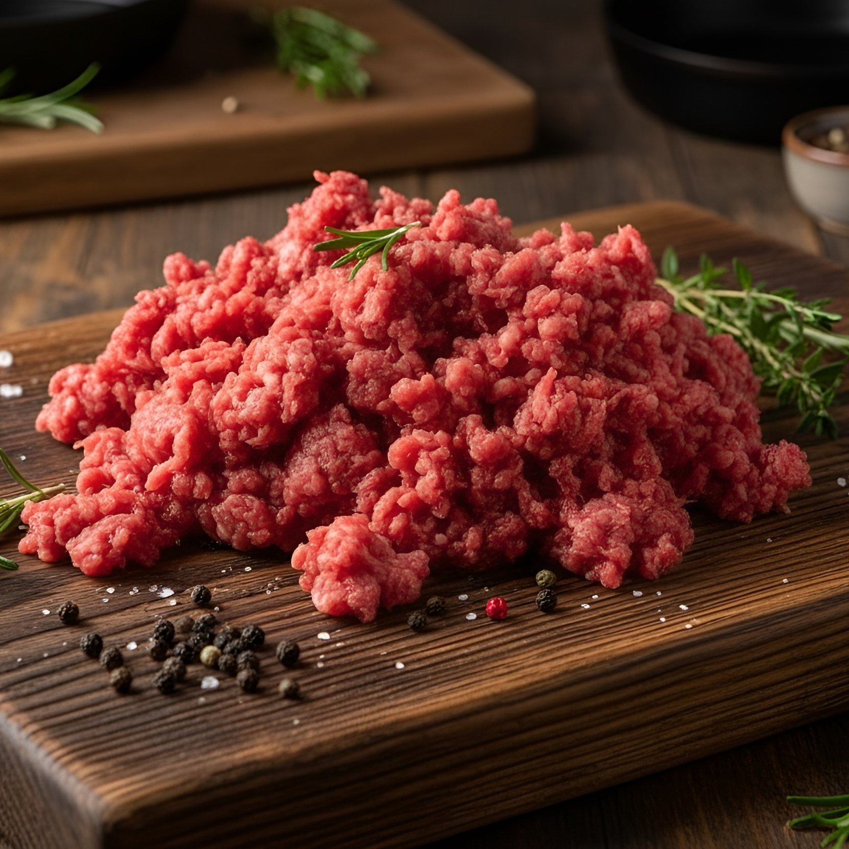 Frisch gewolftes Hirschhackfleisch auf rustikalem Holzbrett, dekoriert mit Rosmarin, Pfefferkörnern und grobem Meersalz, im Hintergrund Bratpfanne und Kräuter – hochwertiges Wildhack aus nachhaltiger Jagd von Weidewild.