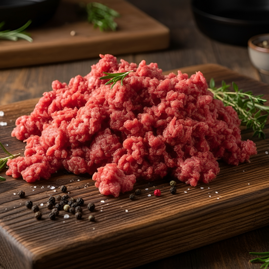 Frisch gewolftes Hirschhackfleisch auf rustikalem Holzbrett, dekoriert mit Rosmarin, Pfefferkörnern und grobem Meersalz, im Hintergrund Bratpfanne und Kräuter – hochwertiges Wildhack aus nachhaltiger Jagd von Weidewild.