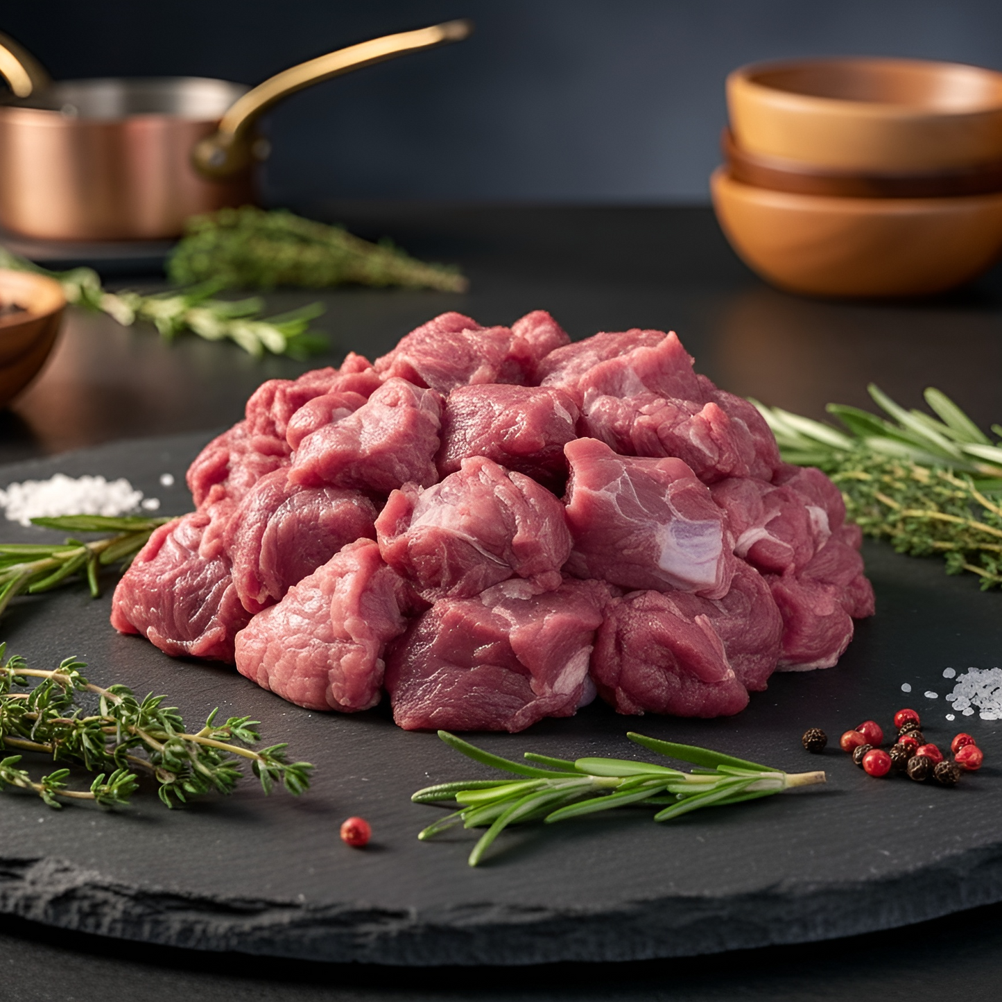 Zart geschnittene Stücke von Premium Hirschgulasch auf schwarzer Schieferplatte mit Rosmarin, Thymian, grobem Salz und Pfeffer – naturbelassenes Wildfleisch von Weidewild.