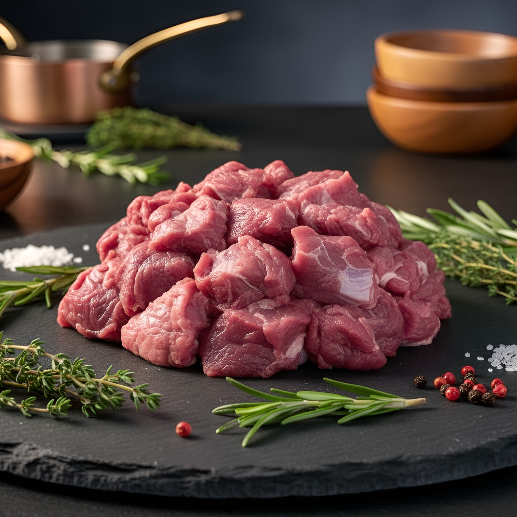 Zart geschnittene Stücke von Premium Hirschgulasch auf schwarzer Schieferplatte mit Rosmarin, Thymian, grobem Salz und Pfeffer – naturbelassenes Wildfleisch von Weidewild.