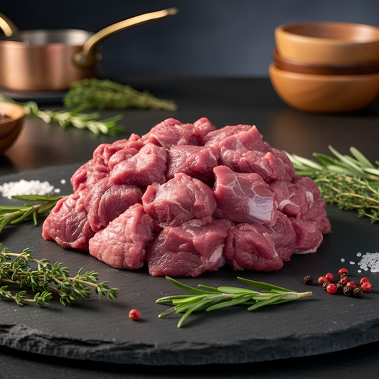 Zart geschnittene Stücke von Premium Hirschgulasch auf schwarzer Schieferplatte mit Rosmarin, Thymian, grobem Salz und Pfeffer – naturbelassenes Wildfleisch von Weidewild.