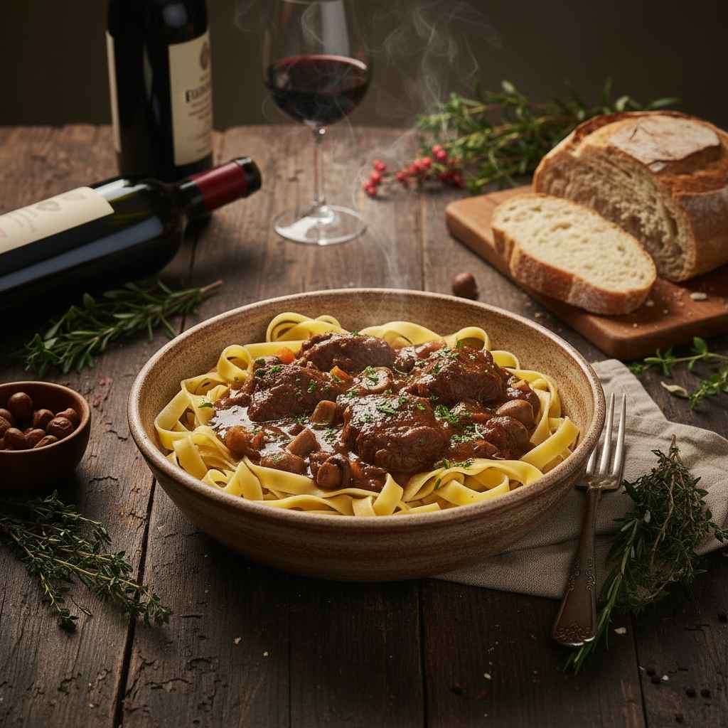 Teller mit Premium Hirschgulasch in kräftiger Rotweinsauce auf Bandnudeln, serviert mit frischen Kräutern, Rotwein und Brot – authentisches Wildgericht von Weidewild.