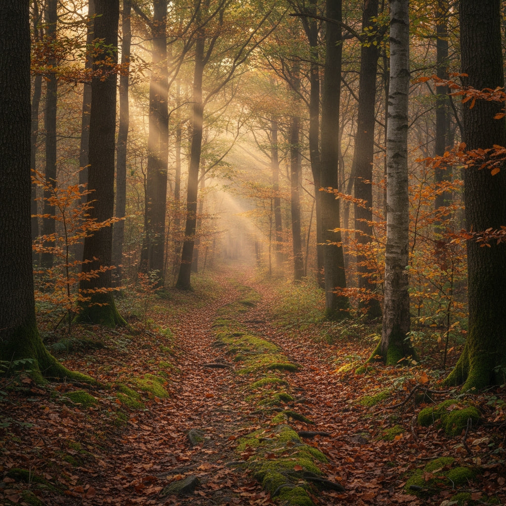 Sonnenstrahlen fallen durch hohe Bäume auf einen mit Laub bedeckten Waldweg im goldenen Herbstlicht