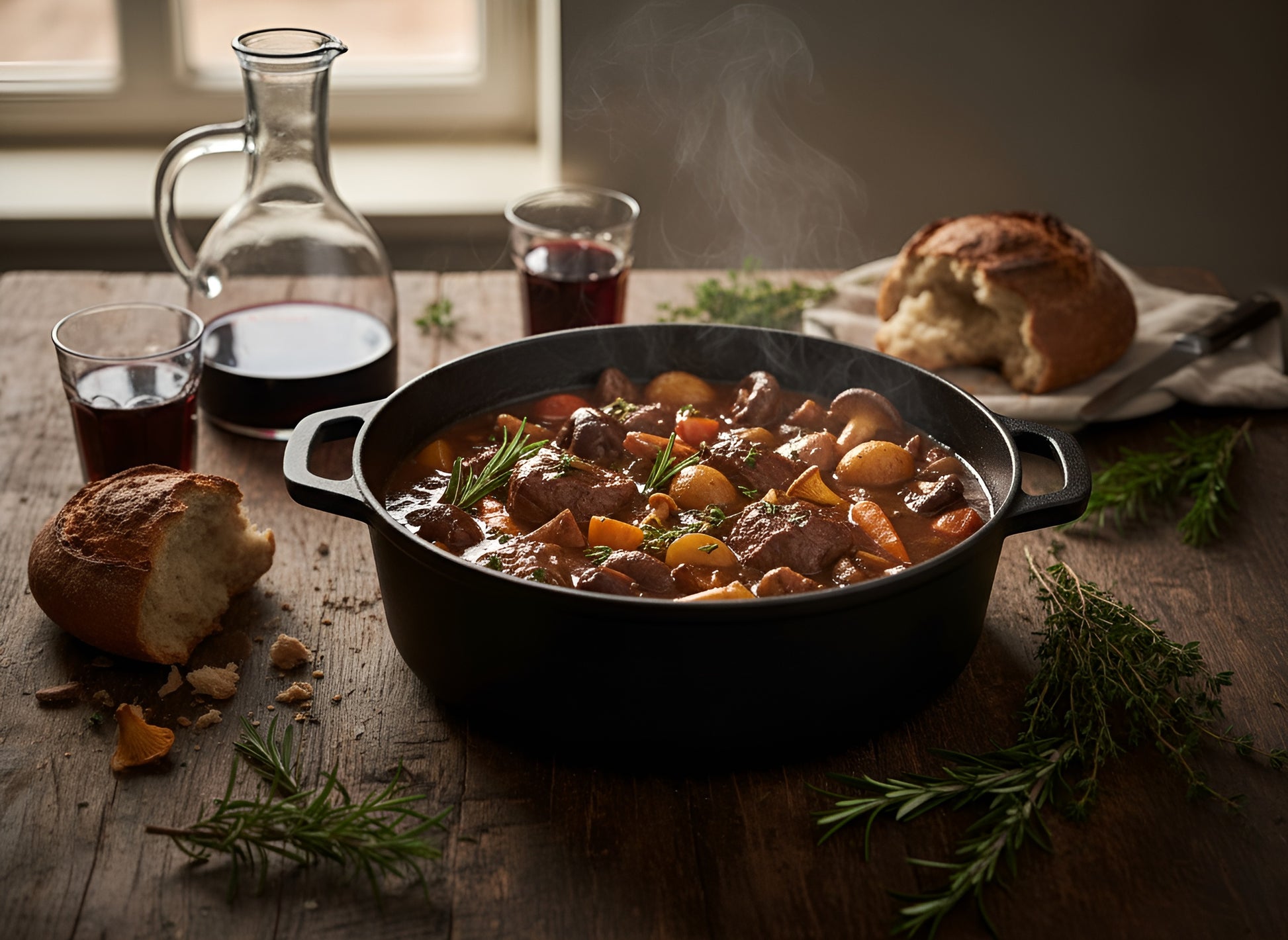 Dampfendes Hirschgulasch im gusseisernen Schmortopf mit Kartoffeln, Karotten und Pilzen, umgeben von frischen Kräutern, Brot und Rotweingläsern – traditionelles Wildgericht in gemütlicher Atmosphäre.
