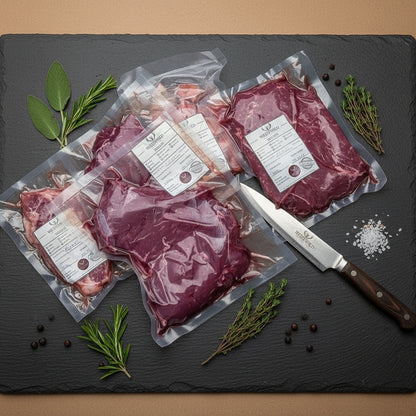 Vakuumierte Hirschstücke für Ragout und Fond, umgeben von Kräutern und Gewürzen auf dunkler Schieferplatte