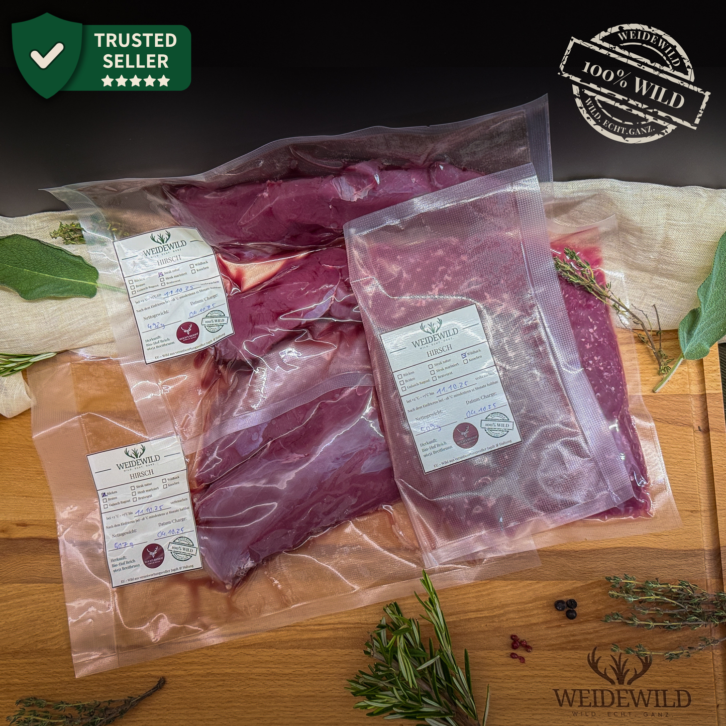 Grill & Pfanne Hirsch 2,5kg – BBQ-Paket mit Steaks und Wildbratwürsten