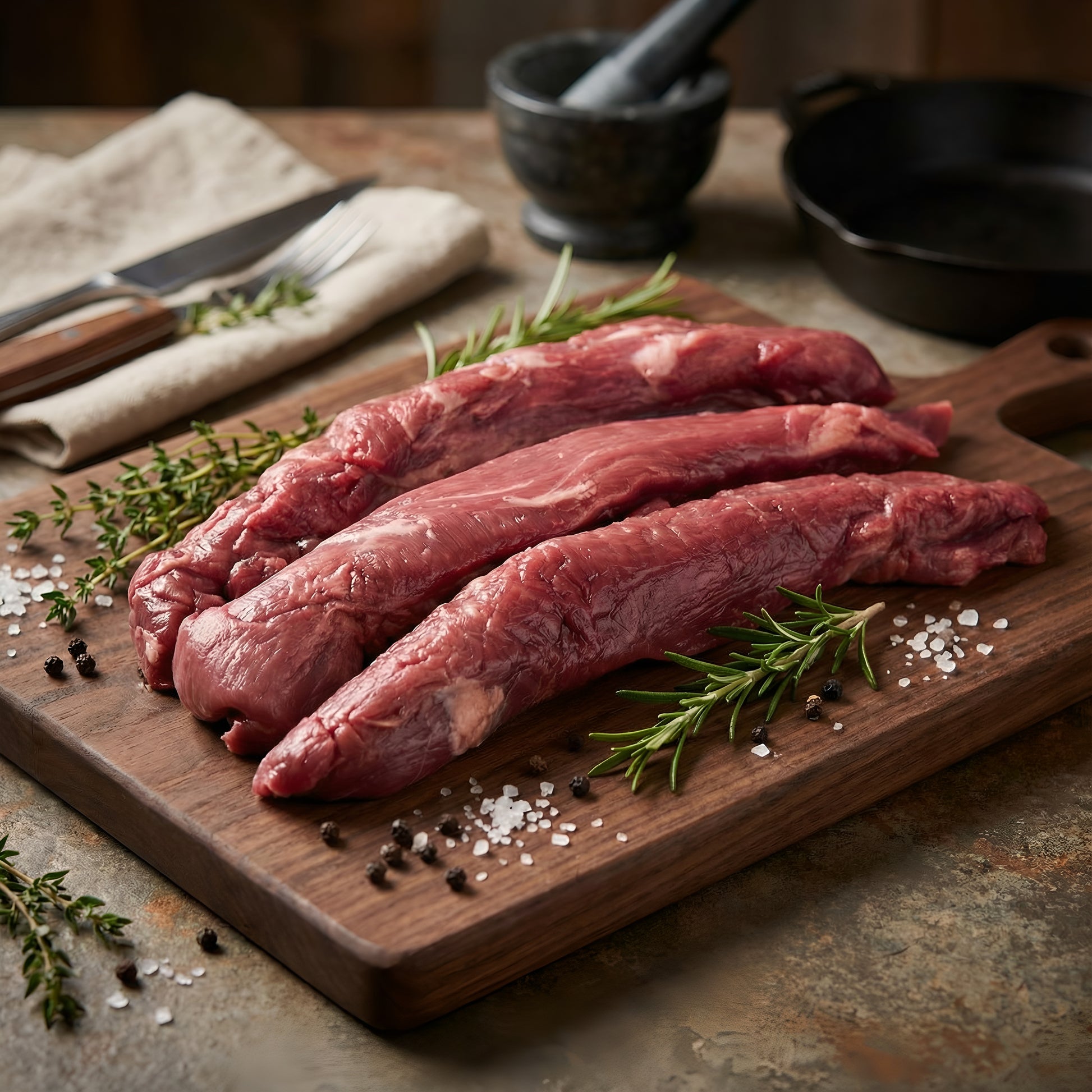 Zartes Hirschfilet auf rustikalem Brett, umgeben von Rosmarin, Thymian, Salz und Pfeffer für eine edle Wildküchen-Inszenierung