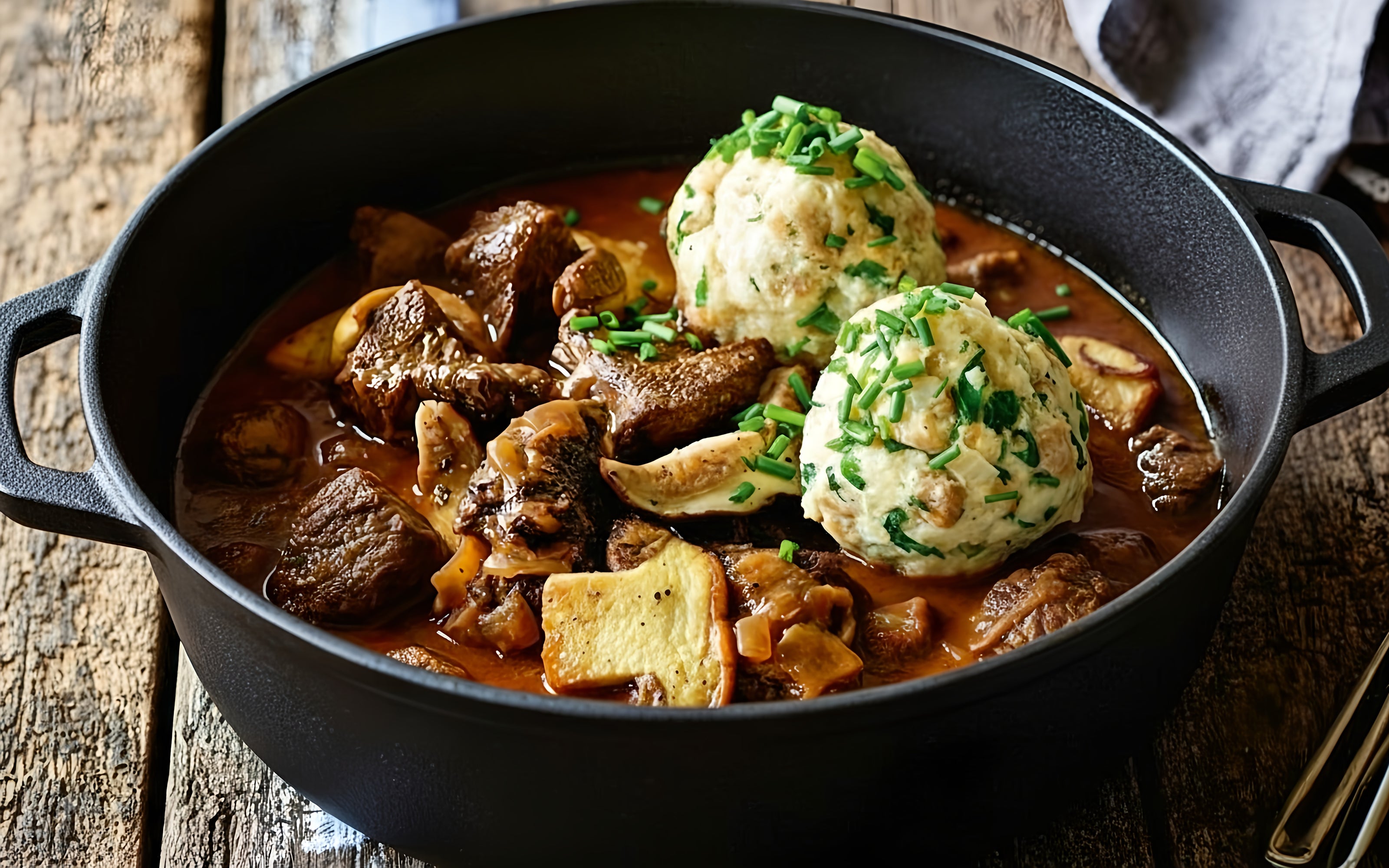 Zartes Hirsch-Gulasch in würziger Sauce mit Steinpilzen, serviert mit fluffigen Semmelknödeln und frischem Schnittlauch